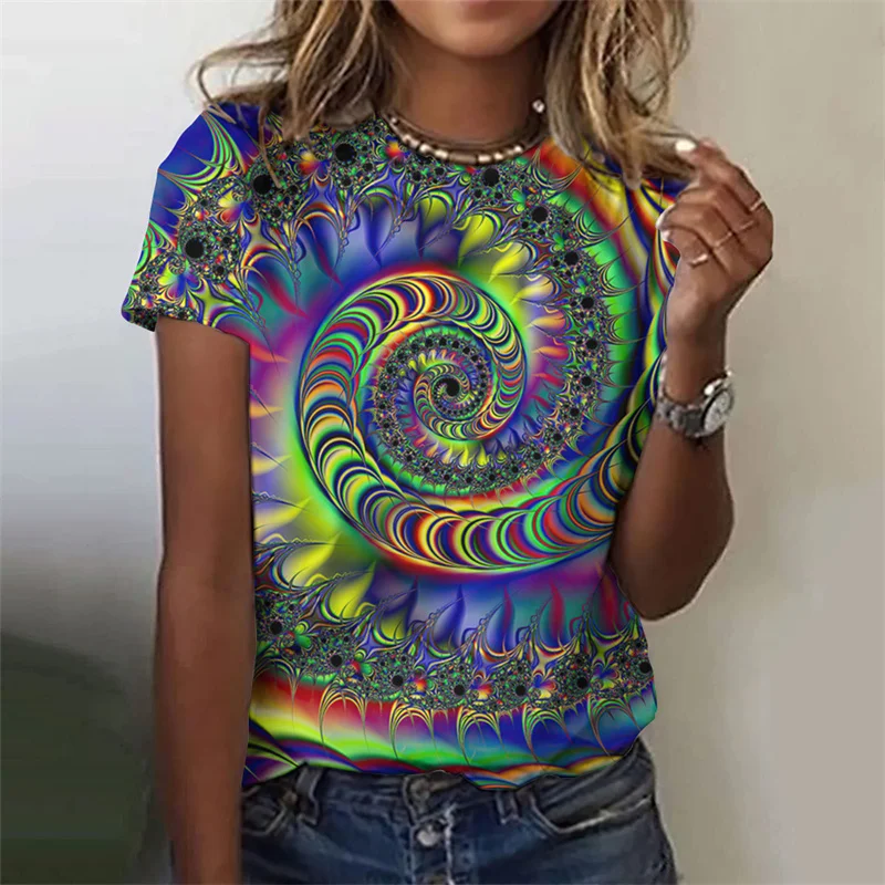 Summer New Women's Short Sleeve Top Pullover Fashion Y2K Casual Whirlpool Street 3D Flower Printed Crewneck T-Shirt XS-6XL Tees