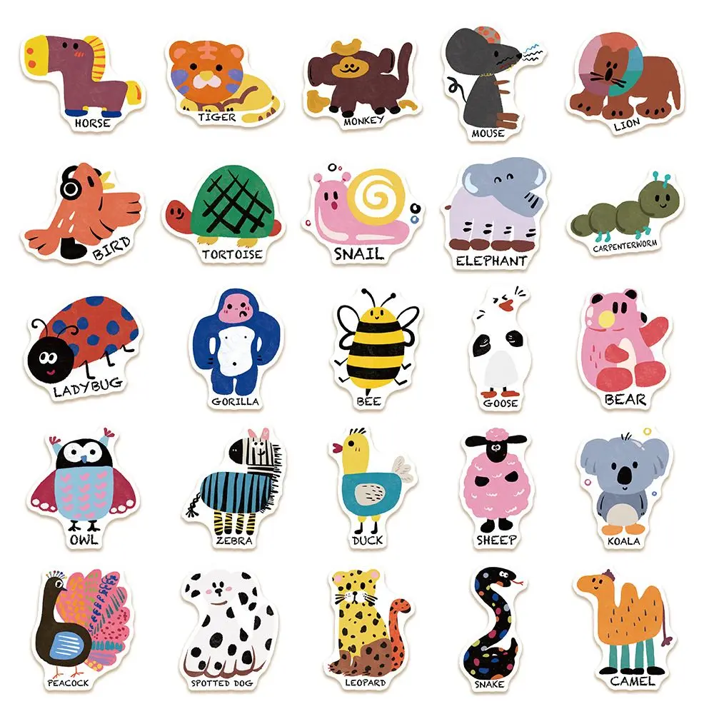 100 Cartoons Colorful Animals English Stickers Children's Puzzle Decorative Stickers DIY Mobile Phone Case Desktop