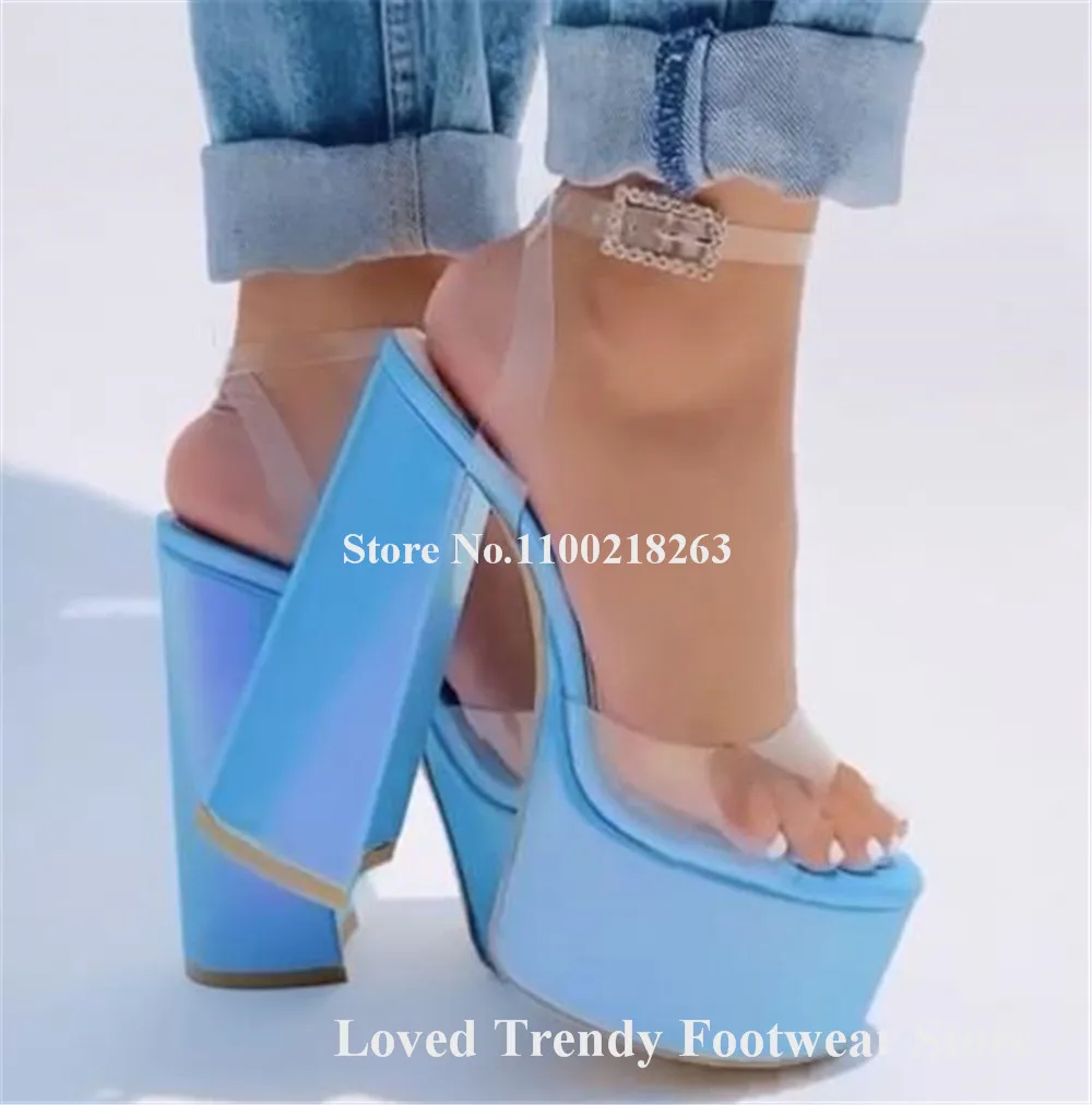 Clear PVC Patchwork Blue Yellow Purple Chunky Heel Sandals Peep Toe Transparent High Platform Thick Heel Dress Shoes Party Heels