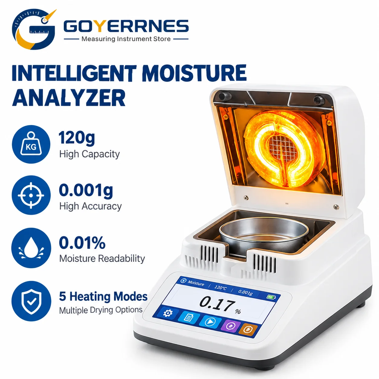 HC152 Halogen Digital Moisture Analyzer 120g 0.002g Touch Screen LCD Moisture Meter Tester for Grain Food Lab Industry