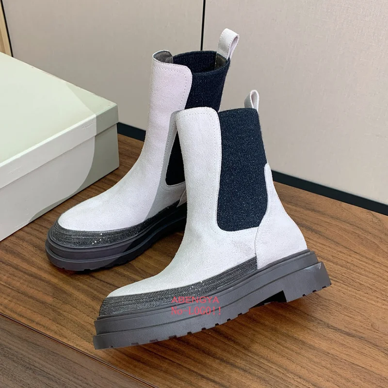 Sepatu Bot Wanita Musim Dingin Diskon Besar, Model Setengah Betis, Ujung Tebal, Kulit, Platform, Sepatu Bot Pendek, Desainer, Kasual, Model Chelsea