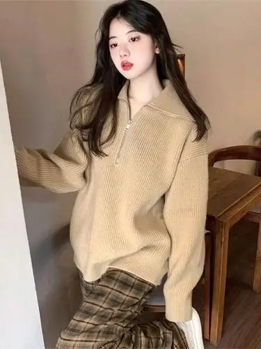 

Мягкая корейская толстовка на молнии, женская весенне-осенняя винтажная универсальная свободная утягивающая вязаная куртка с большим воротником