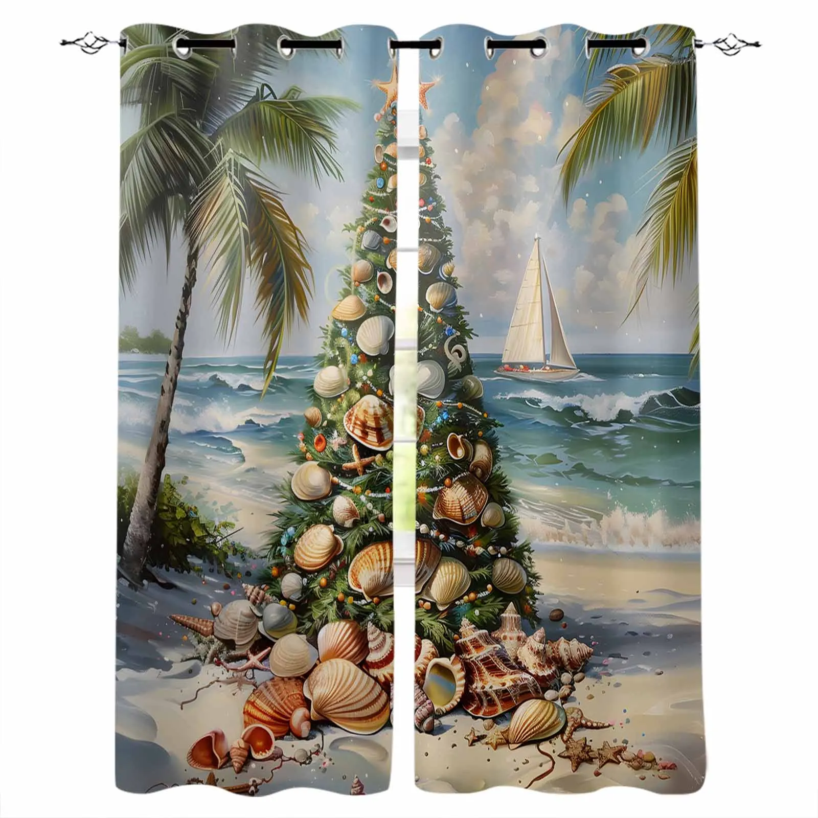 Christmas Beach Christmas Tree Sailing Palm Tree Living Room Bedroom Window Treatment Blinds Drapes Modern Kitchen Curtains