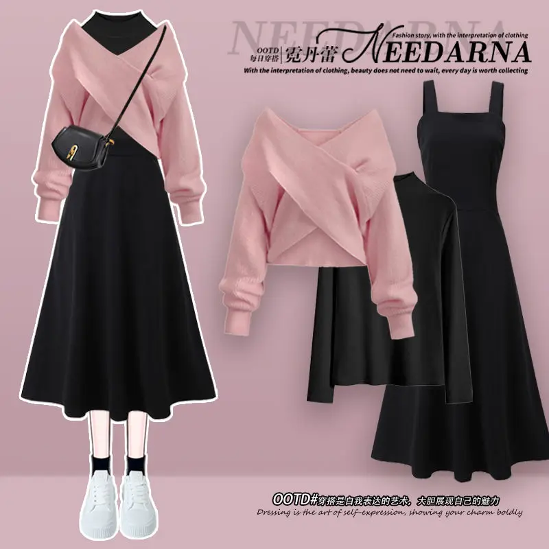 2024 Korean Autumn/Winter New Fashion Versatile Women's Set Cross Sweater+Inner Shirt+Dress Three Piece Set