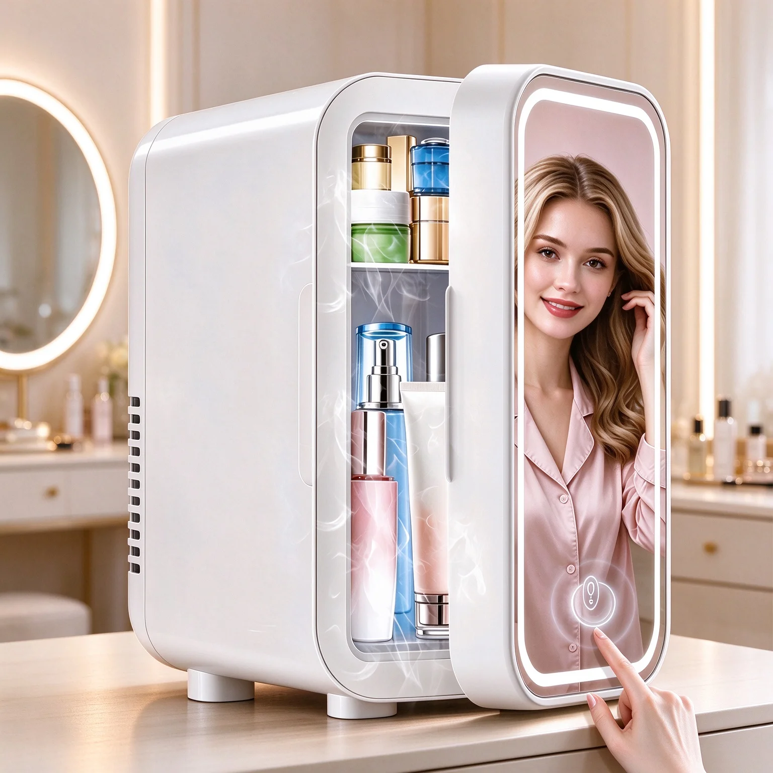 Mini frigorífico portátil de 6 litros para produtos de cuidado da pele, com porta com espelho LED, funcionamento silencioso, ideal para colocar em cima da mesa, para manter cremes e perfumes frescos, frigorífico de beleza para uso doméstico.