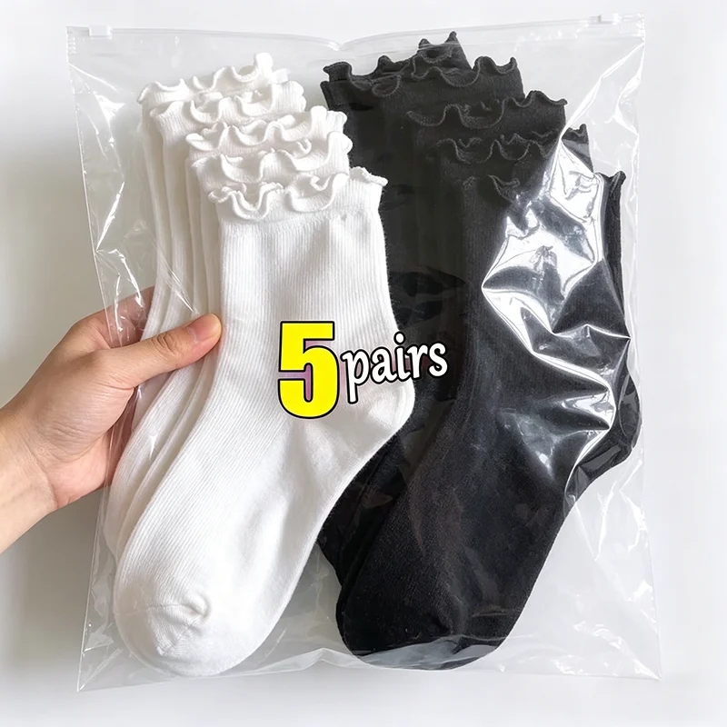 5pairs Cotton Ruffles Ankle Socks Women Lolita Cute Kawaii Korean Stocking Girl Spring Black White Middle Tube Japanese Sox