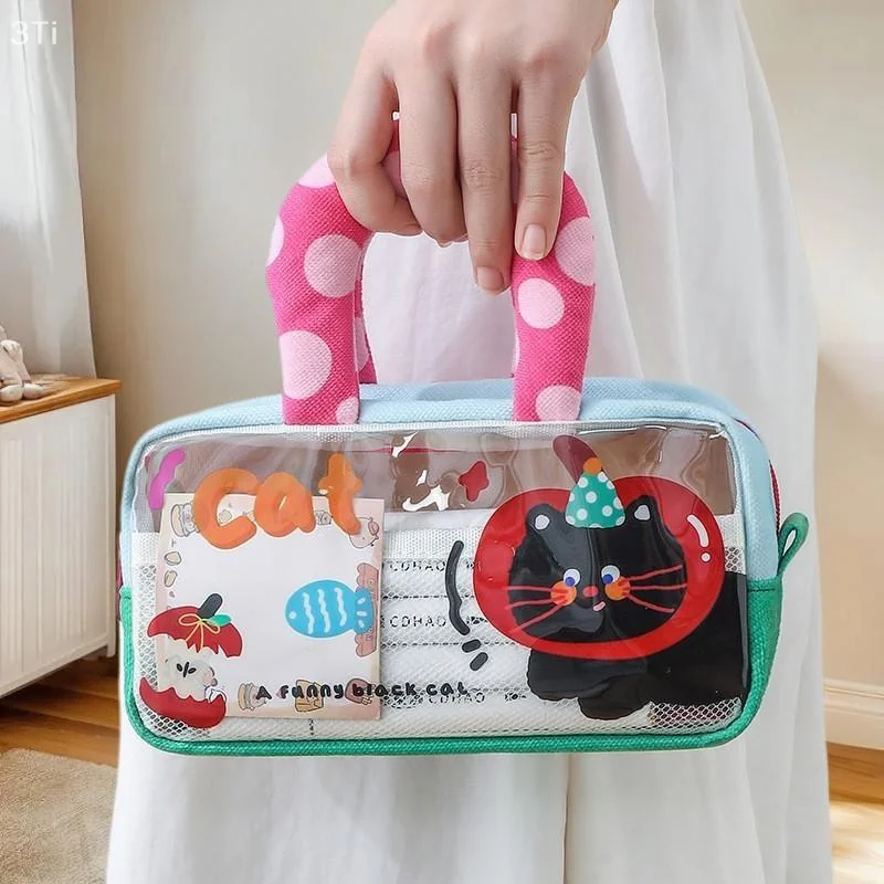 مقلمة ذات سعة كبيرة مع مقابض، حقيبة ظهر صغيرة للأطفال لتنظيم مقصورة المدرسة، رسوم متحركة لطيفة