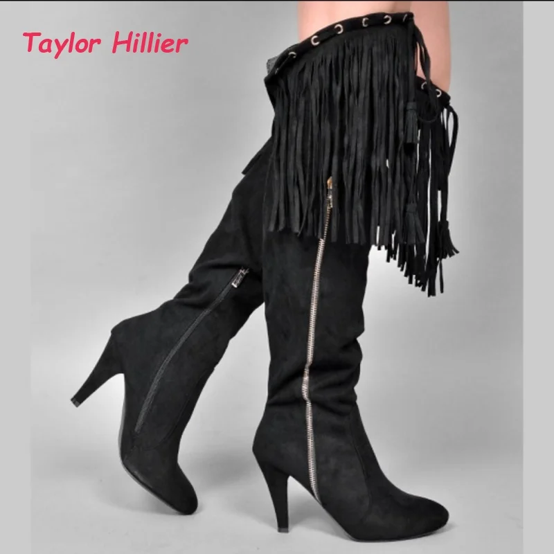 

Black Suede Round Toe Over-The-Knee Stiletto Boots Women Fringe Tassel Decor Side Zipper Ladies Western Party Outdoor Chic Boots