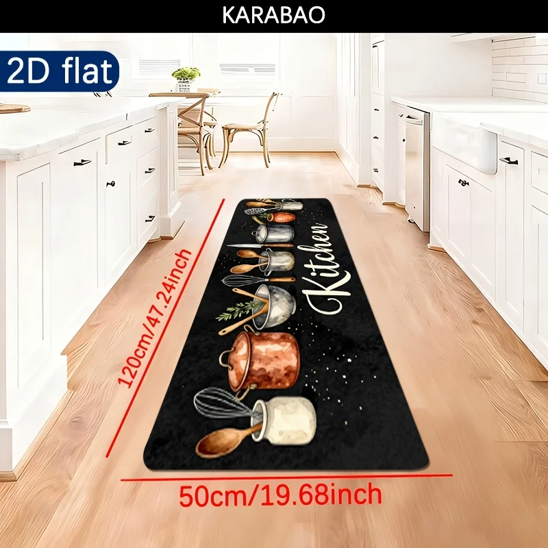 VIKAMA Vintage Cooking Utensil Long Rug Watercolor Pot And Spoon Pattern Non‑slip Easy‑clean Household Kitchen Runner Mat