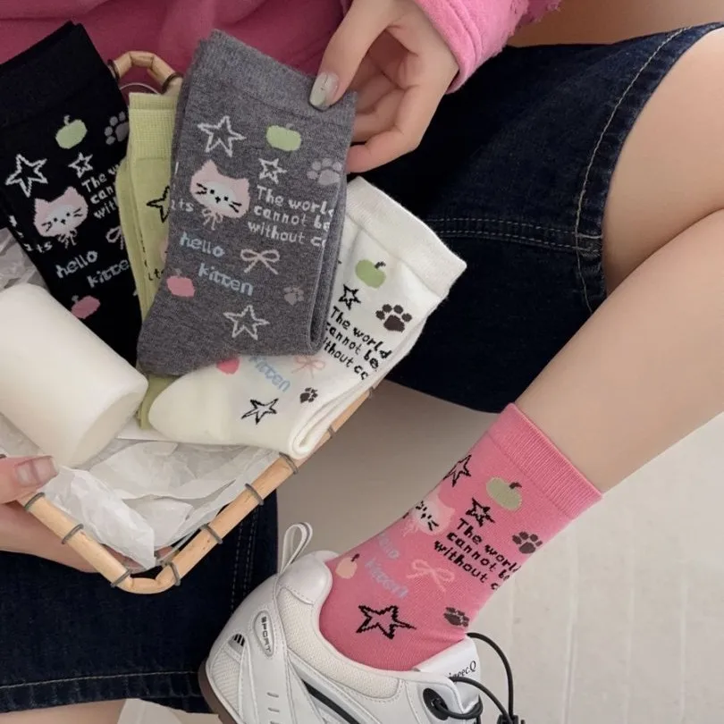 

Women's Socks Korean Cartoon Kitty Kawaii Sweet Creative Versatile Mid Tube Socks Comfortable Breathable Cotton Socks For Girl