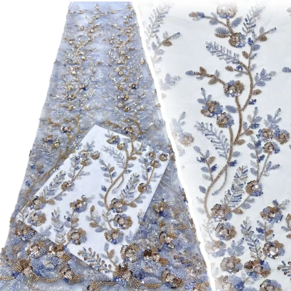 

Африканская кружевная ткань с блестками, тяжелая кружевная ткань с бисером, французская тюлевая сетка для выпускных свадебных платьев, 5 ярдов SZ1351