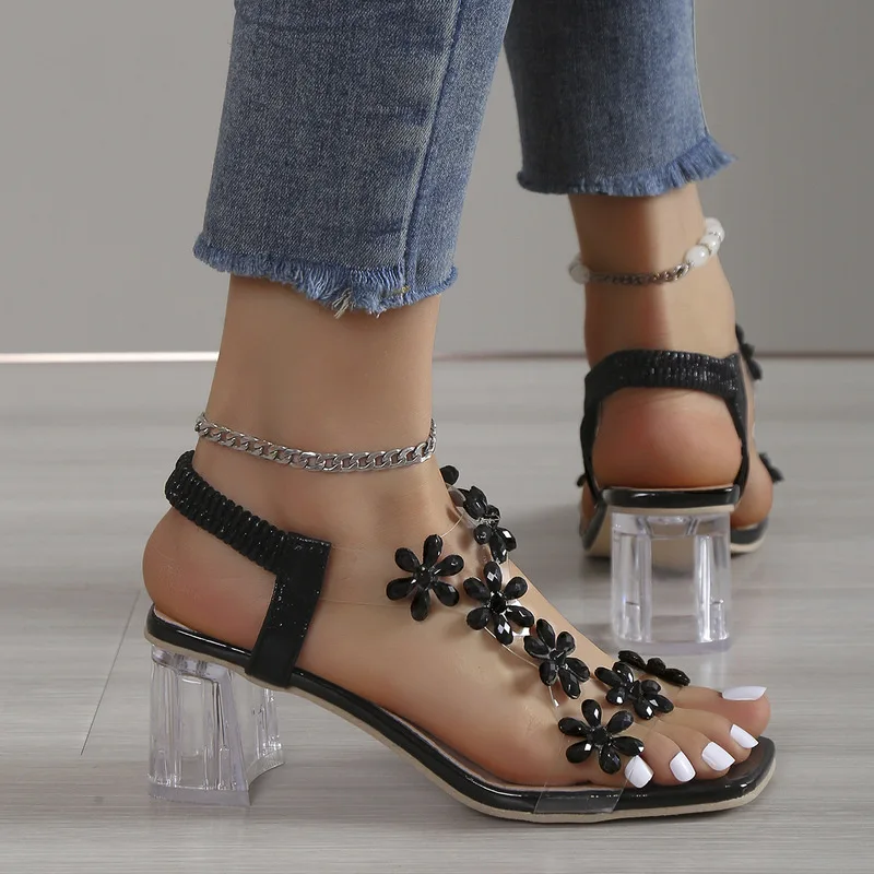 Summer Women Sandals Luxury Flash Drill Ladies High Heels Women's Shoes Fashion Transparent Low Heels Sandal Plus Size 32-43