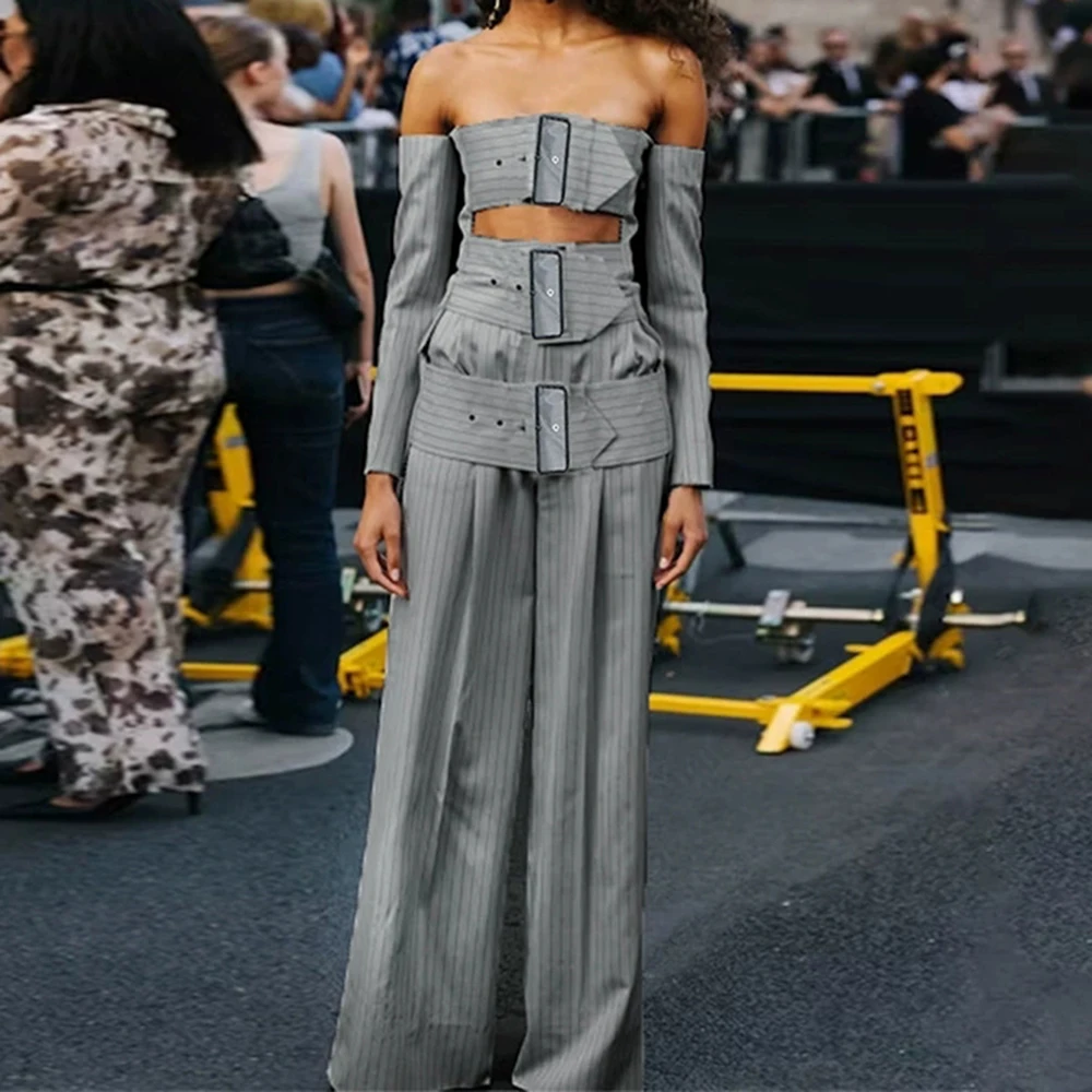 

Royal sister style suit female 2025 summer new style elegant hot girl hollow top + loose wide-leg pants two-piece set-GZXX904