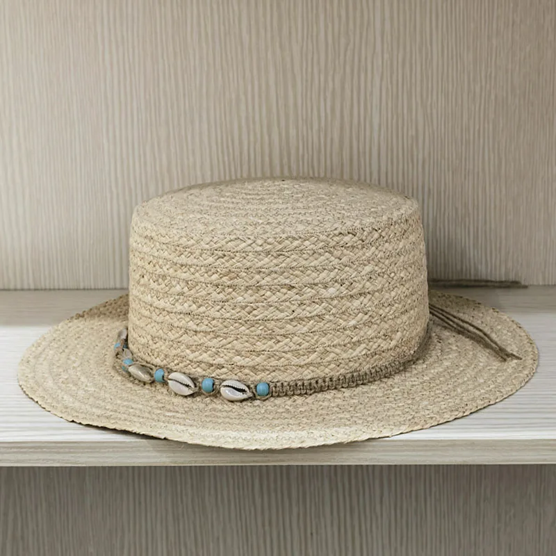 Women Boater Hats Boho Style Flat Top Shell Pompom Straw Hat Band Sun Hat Party Derby Hat Beige Raffia Wide Brim BeachHat