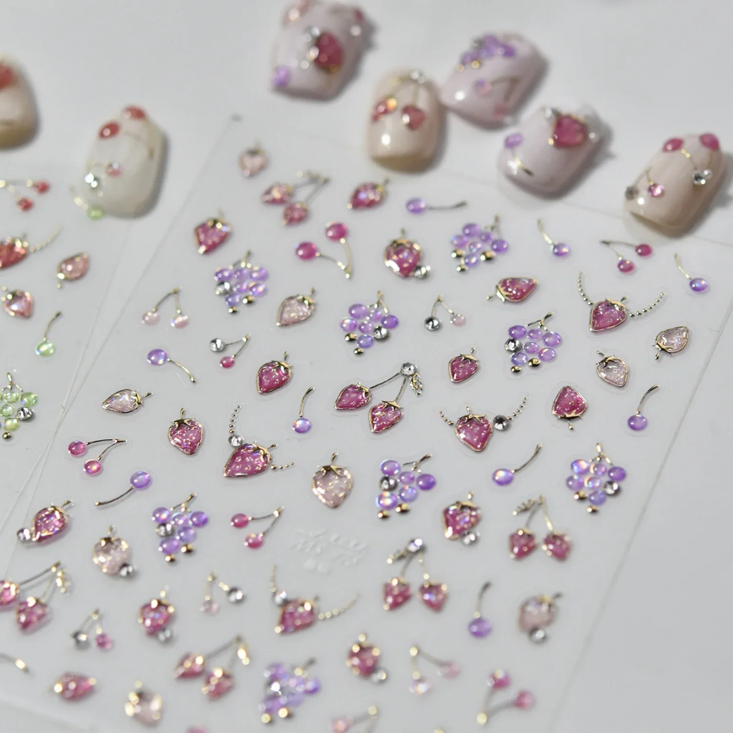 5D Fruit Nail Art Stickers Strawberry Cherry Grape Nail Decals Rhinestones Self-Adhesive Sweet Cute Nail Decorations Manicure
