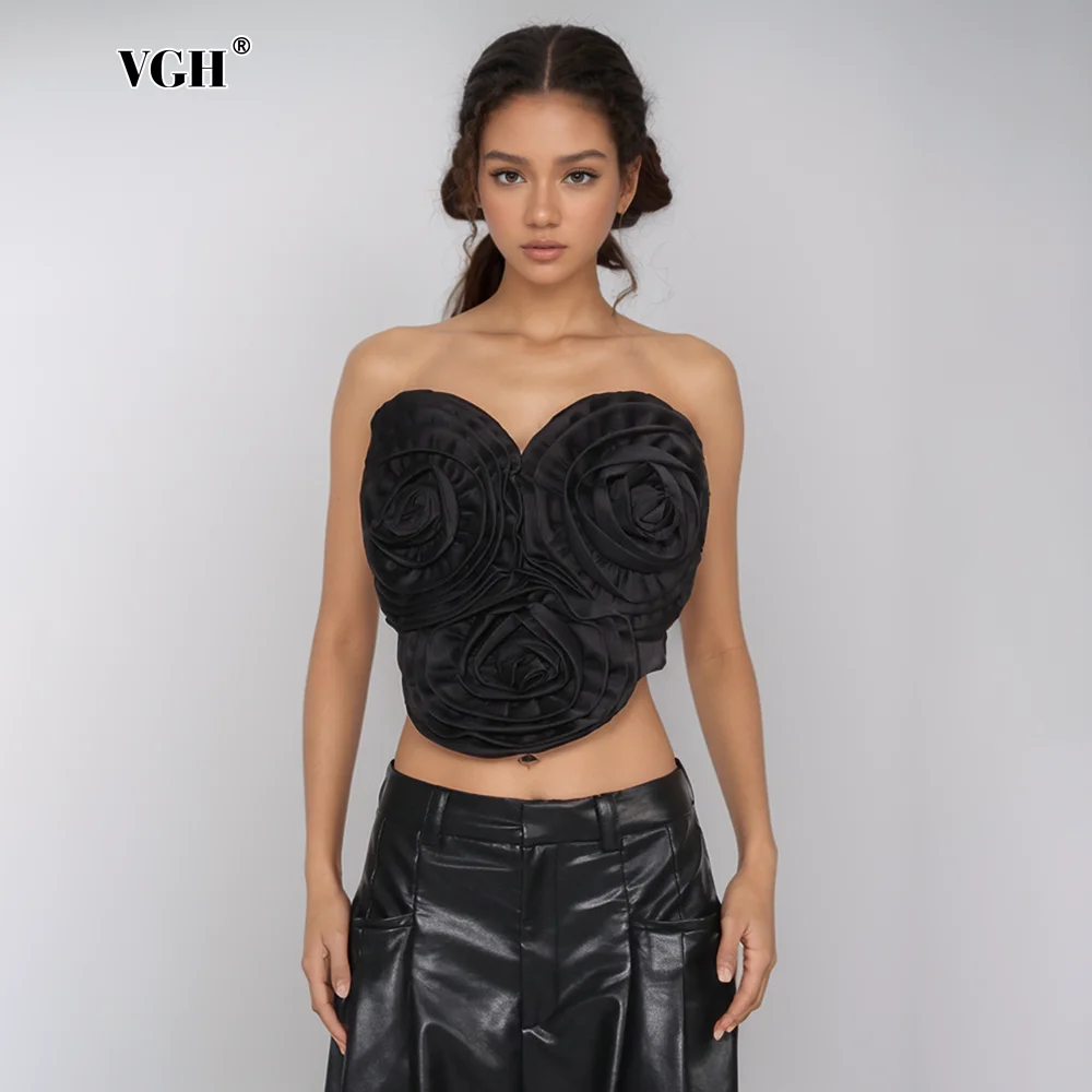 

VGH Sexy Solid Spliced Appliques Vest For Women Strapless Sleeveless Irregular Slimming Design Sense Vest Female Fashion Style