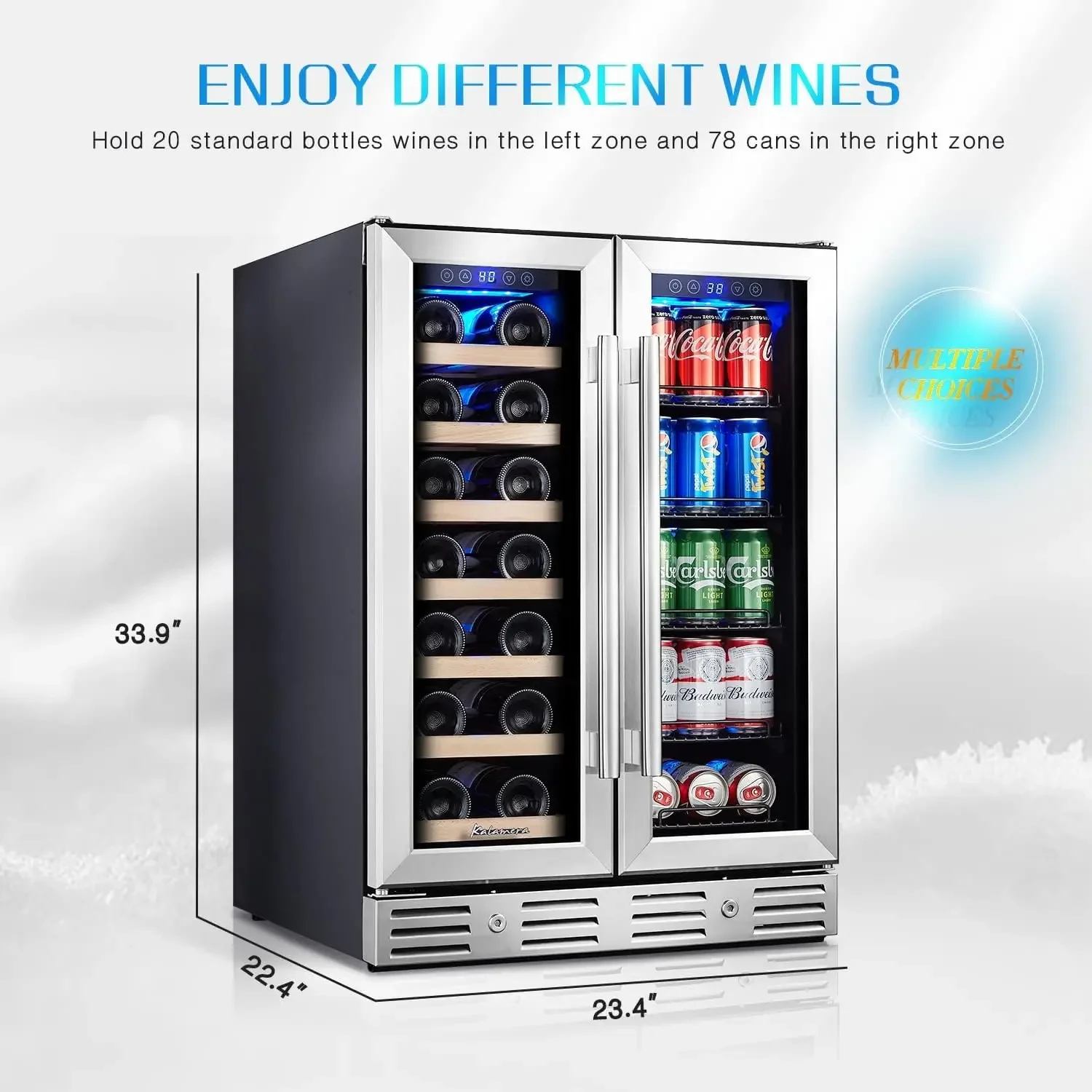 Wein- und Getränkekühlschrank, 24-Zoll-Weinkühlschrank mit zwei Zonen, 20 Flaschen und 78 Dosen, digitale Touch-Steuerung, integriert
