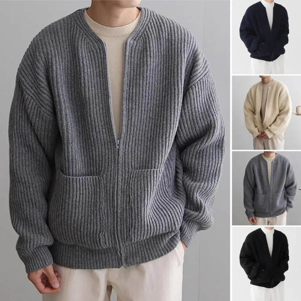 Men Autumn Winter Solid Color Cardigan Coat Collarless Long Sleeve Zipper Placket Knitted Sweater Coat Male Knitting Outwear