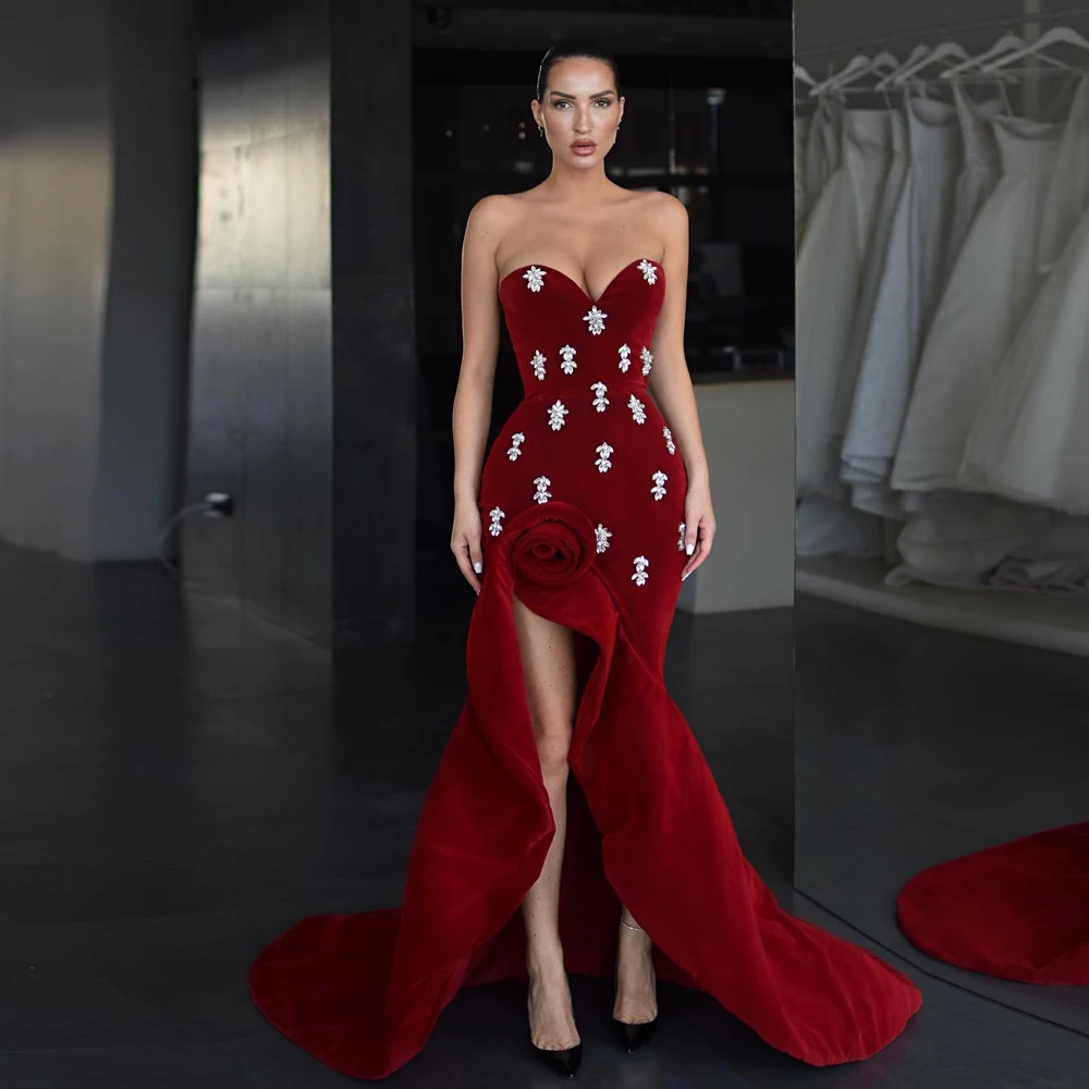 

Sexy Burgundy Prom Dresses Sweetheart Neck Sleeveless Evening Gowns Sequined Flower Floor Length High Slit Mermaid فساتين السهرة