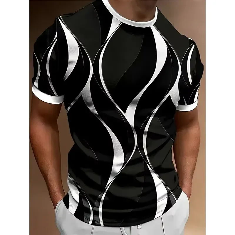 3D Digital Print 2026 Men Fashion Striped T Shirt Short Sleeve Casual Summer Tee Simple Pattern Sports Streetwear Clothing