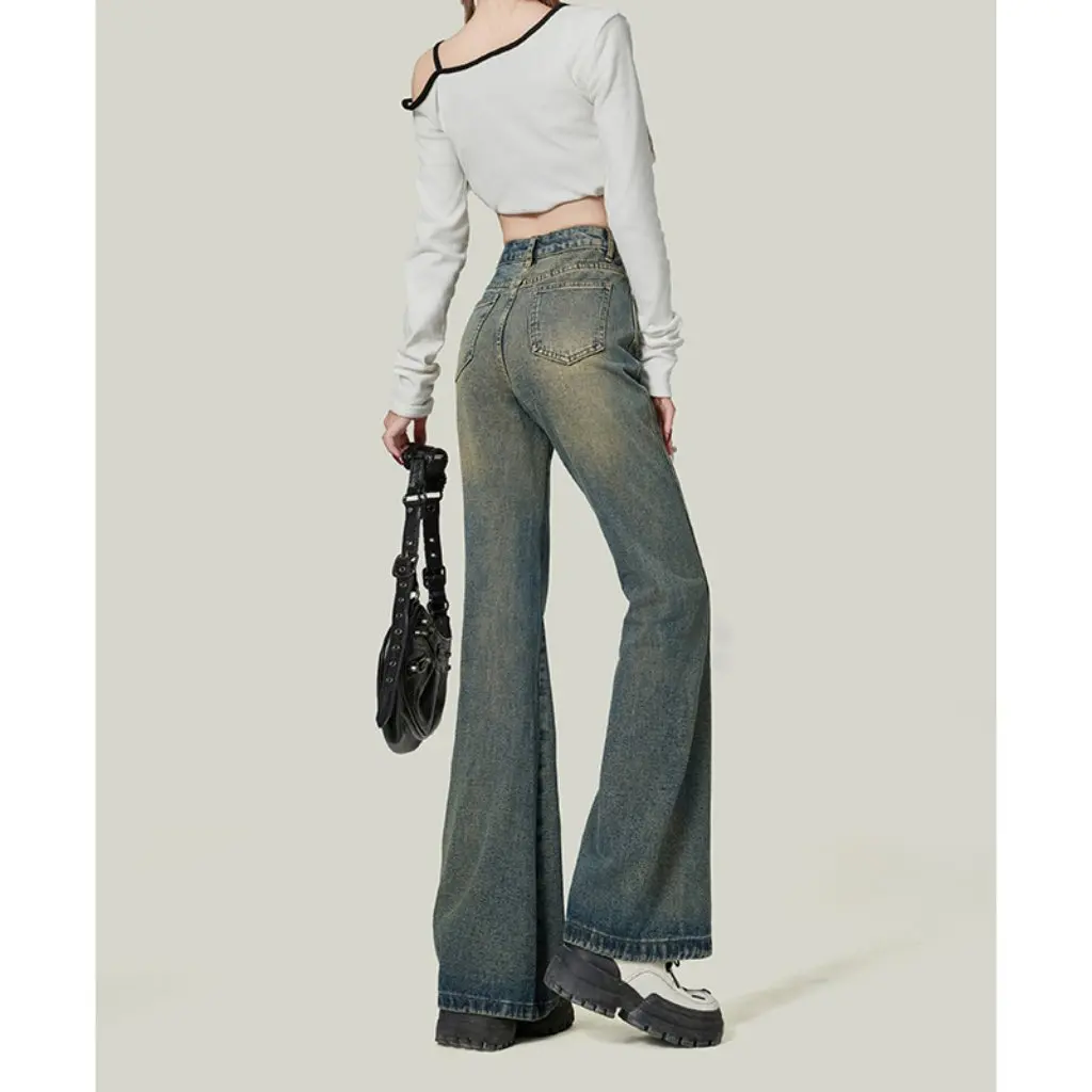 

Women's High-Waist Slim Fit Micro-Flared Jeans American Design Non-Leg Horseshoe Floor Mopping Pants for Spring & Fall