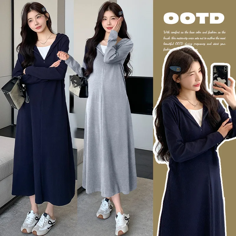 

2025 French Style Pregnancy Dress Autumn Hooded Sweater Dress Slim Fit Long Maternity Outfit Fashionable Comfortable Chic