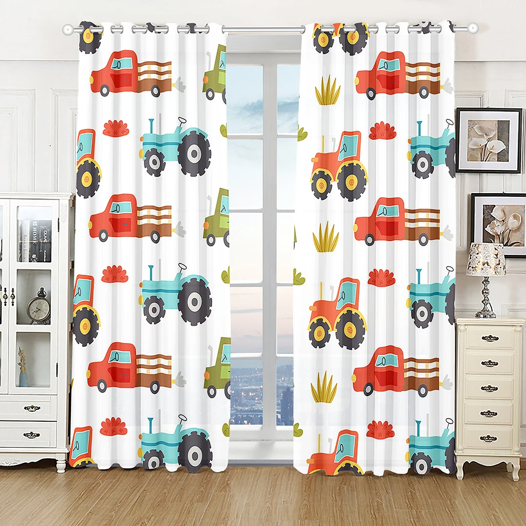 Cartoon Car Truck Fire Engien Excavator Boy Window Treatment for Bedroom, Office, Kitchen, Living Room, Home Decor, Girl, 2Pcs