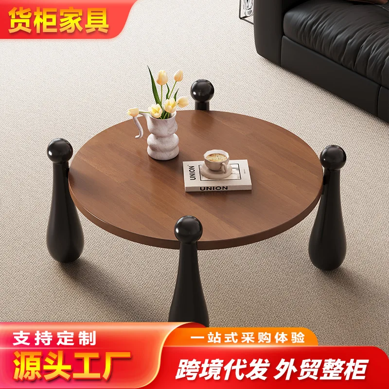 Modern simple bowling solid wood round coffee table balcony tea table small apartment living room coffee table cross-border fore