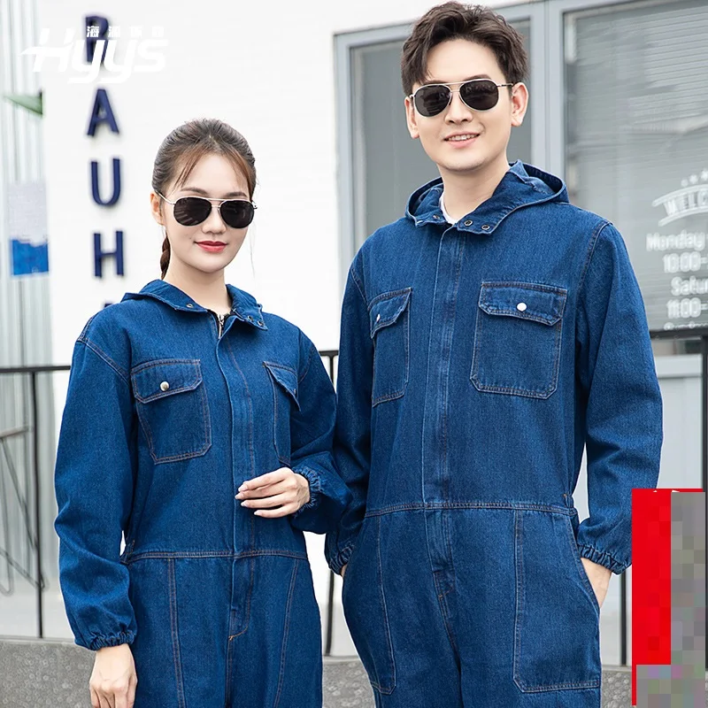 High quality denim overalls welding suit hooded working coveralls multi pockets auto repairman mechanical labor working rompers