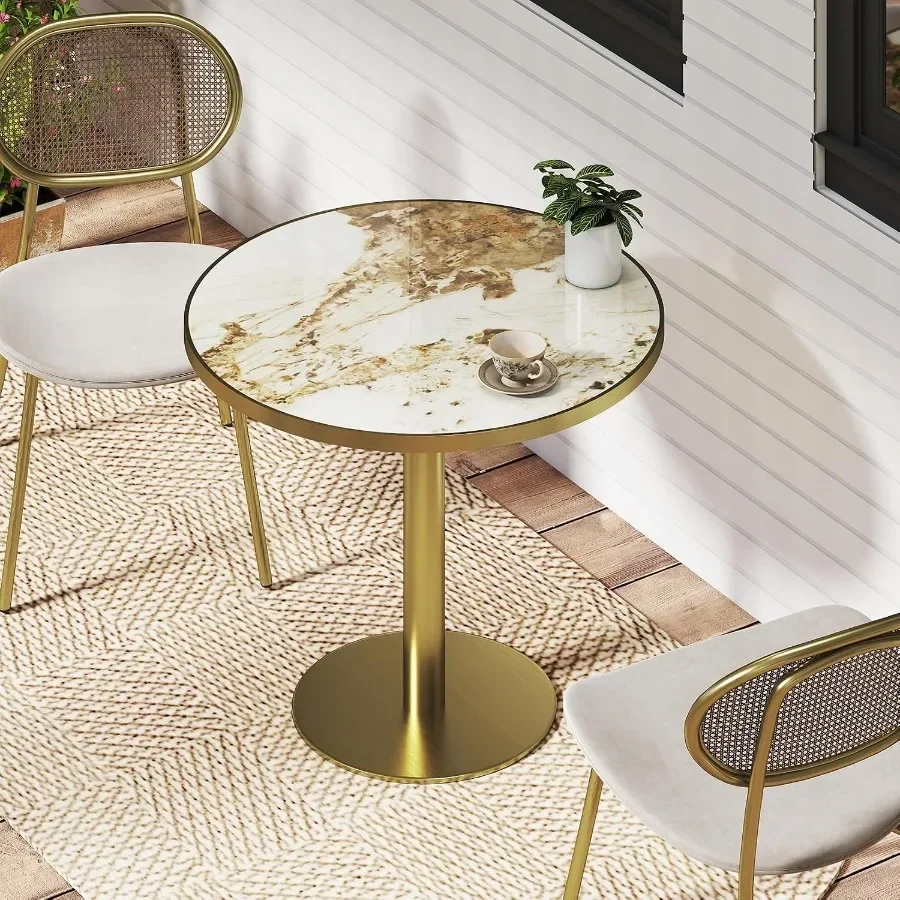 31.5 Inch Circle Tulip Table with Thickened Sintered Stone Tabletop and Golden Metal Pedestal, Small Dining Table Bistro Table