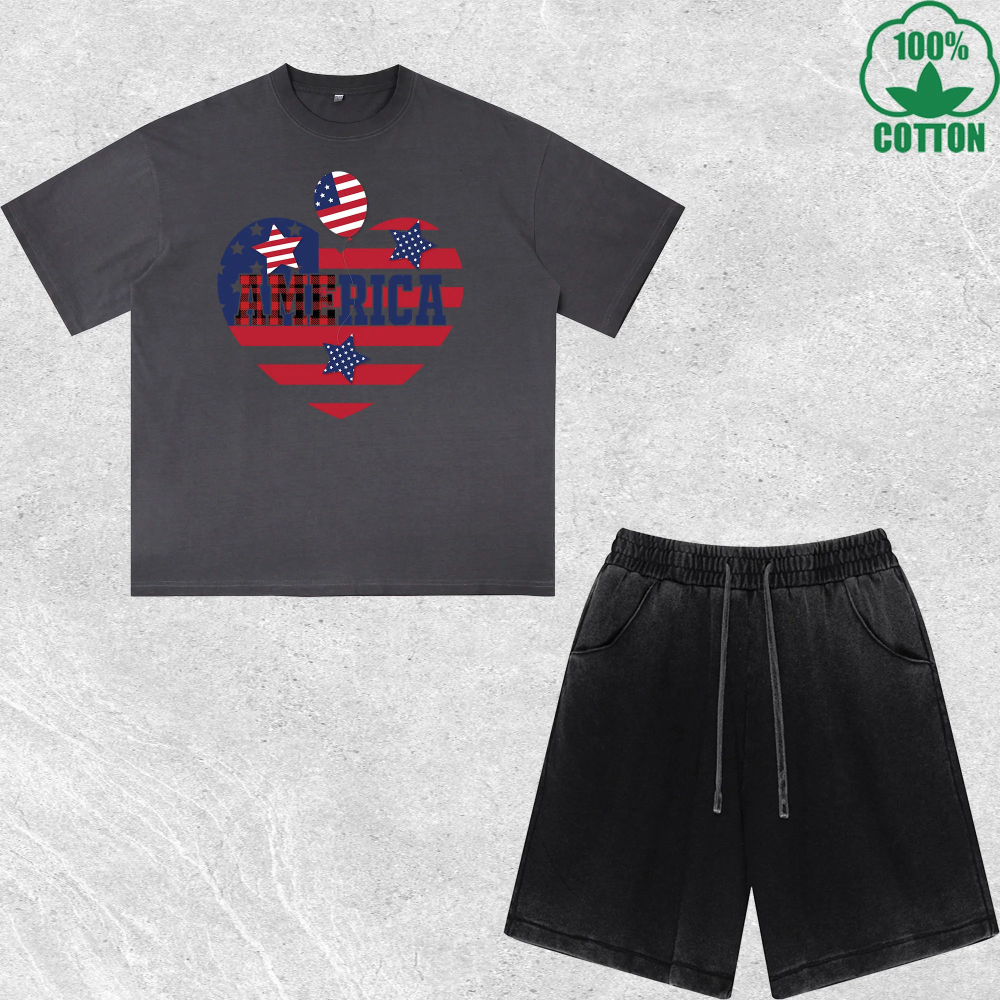 

America Printed Dirty Wash T-Shirt Shorts Set Multicolor Combo Loose Trendy 100%Cotton