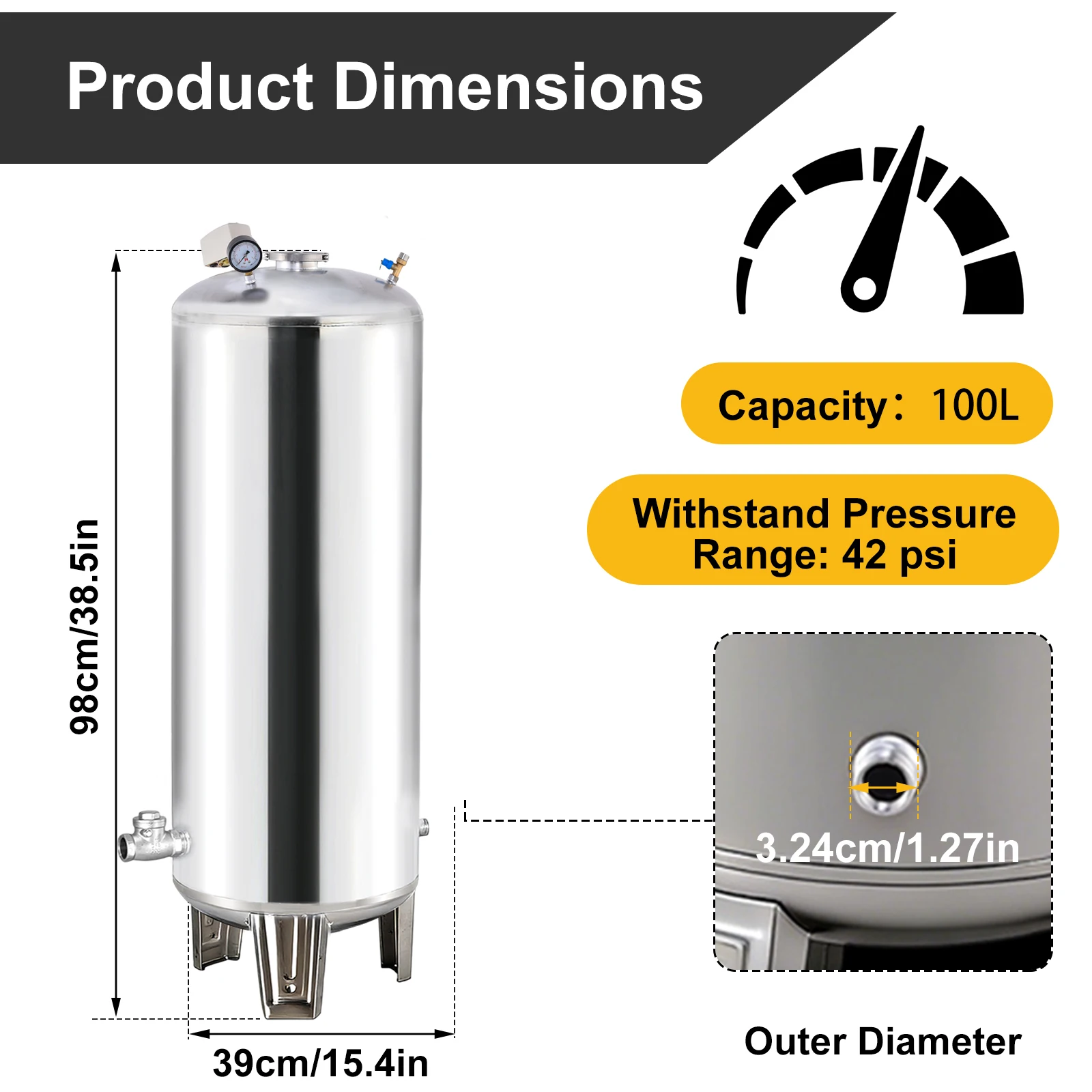 100L Well Pressure Booster Tank, 304 Stainless Steel Bladder-Free Pressurized Container, Large Capacity Water Storage Tank for Well Pump System Home Farm Staircase Garden with Mounting Kit