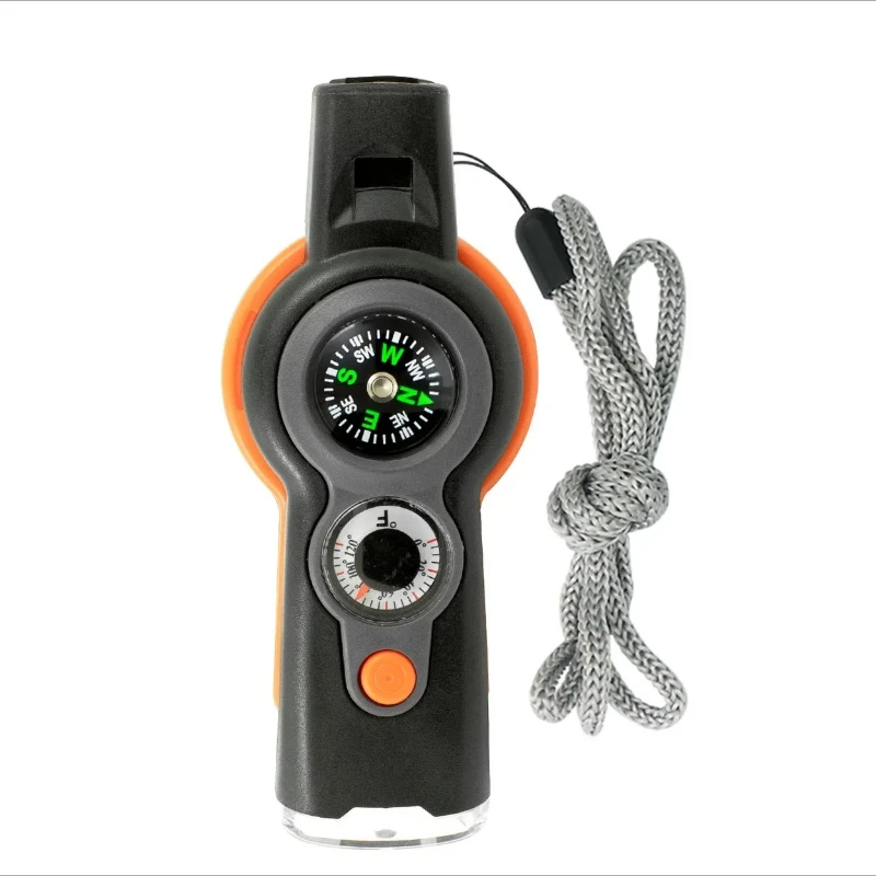 2026 Nuovo cordino per fischietto di sopravvivenza di emergenza 7 in 1, bussola, torcia elettrica, escursionismo in campeggio, fischietto multifunzionale all'aperto