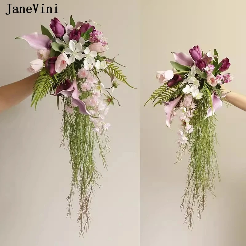 

JaneVini 2024 Artificial Purple Waterfall Bridal Bouquets for Wedding Flowers Tulip Fake Cascading Bride Bridesmaid Bouquets