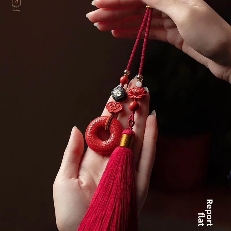Chinese Style Red Cinnabar Heart Sutra Peace Buckle Car Hanging Ornament Auspicious Good Lucky Blessing Tassel Pendant For Auto