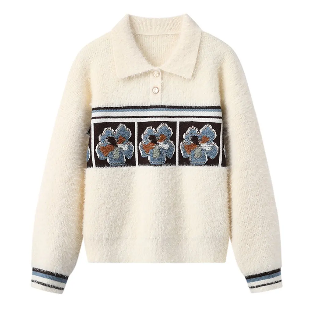 

Women's Polo Collar Jacquard Sweater in Apricot European And American Style Winter Knitting Fashion Top for Christmas Fair