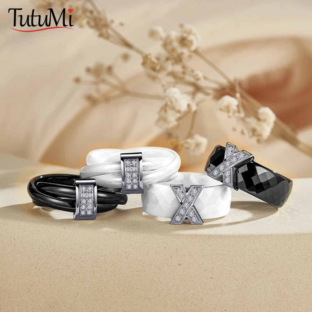 High Quality Black and White Simple Style X Shape Crystal Ziron Ceramic Rings for Women Fashion Jewelry Gift