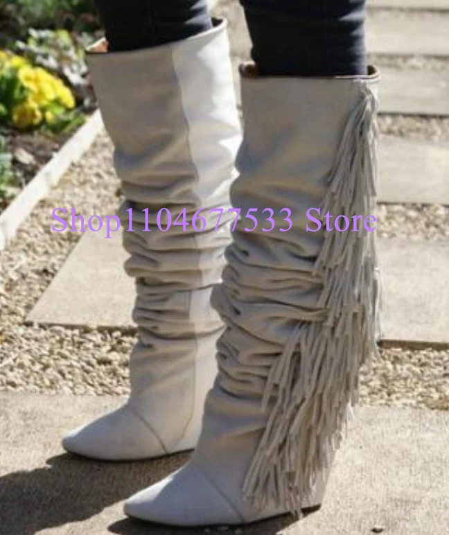 

Sexy Patchwork Fringe Decor Woman Long Boots Fashion Wedge Heel Tassel Lady Knee High Boots Female Banquet Dress Shoes