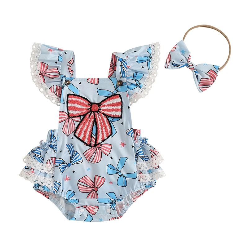 Citgeett Summer Independence Day Infant Baby Girls Bow Overalls Bodysuit Flutter Sleeve Layered Ruffled Hem Lace Jumpsuit Outfit