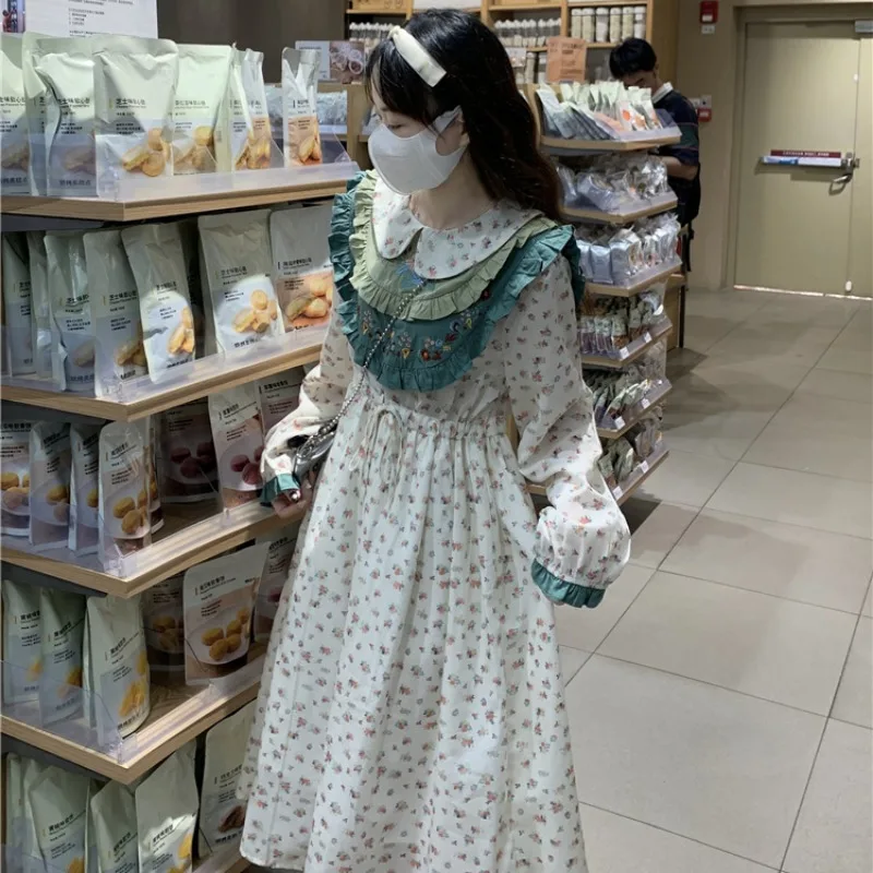 Mori Girl Style Vintage Floral Embroidery Women Dress Summer Sweet Cute College Aesthetic Ruffled Doll Collar A-Line Long Dress