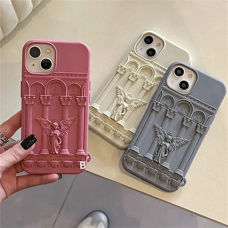 Classical Art Angel Statue 3D Phone Case for IPhone16 15 14 13 12 11 Pro Max Retro Girl Soft Silicone Anti-drop Shockproof Cover