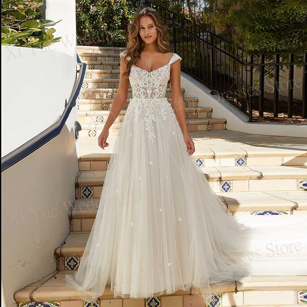 

Boho Modern New A-Line V Neck Wedding Dresses Appliques Lace For Women Sexy Sleeveless Bride Gowns Vestido De Noiva Casamento