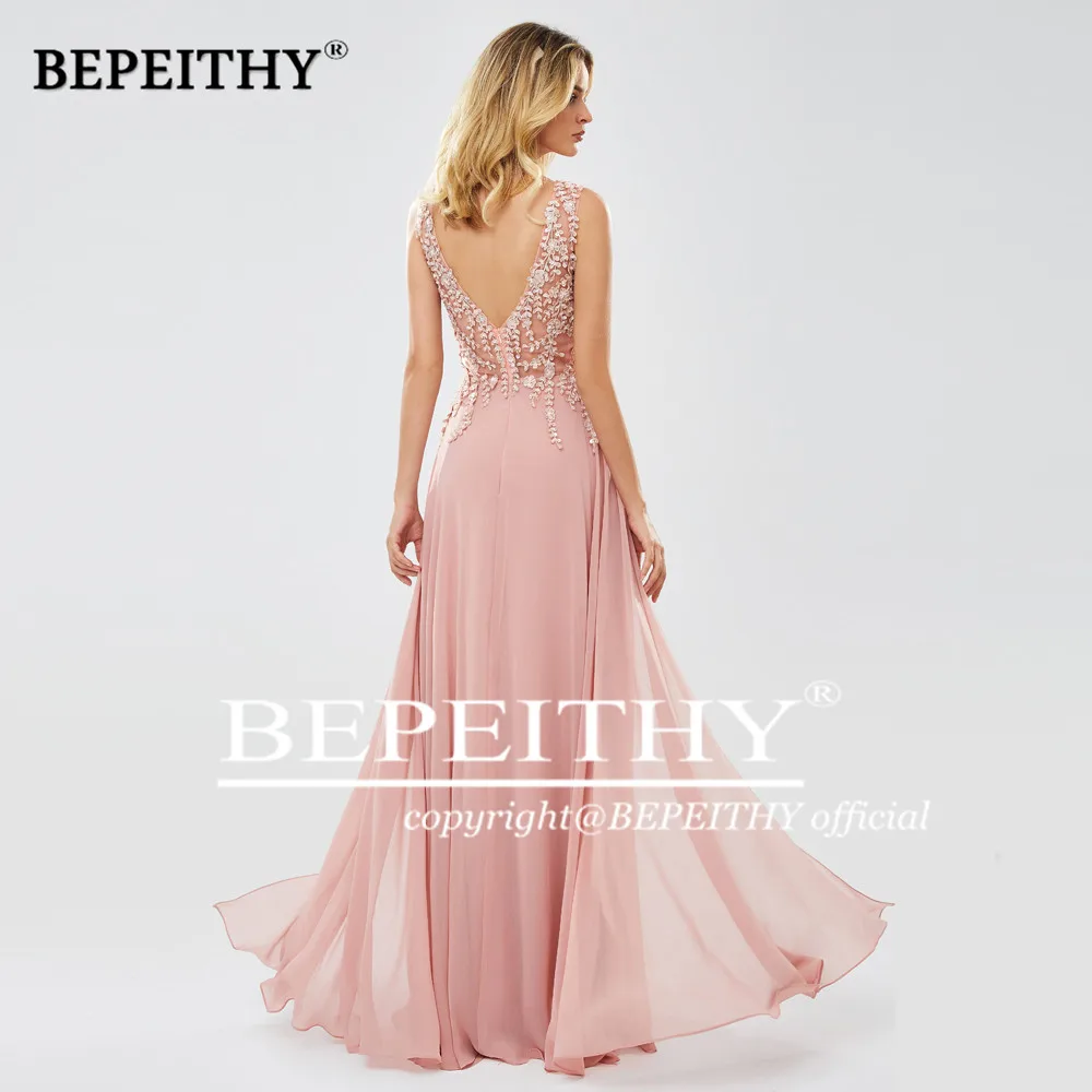 BEPEITHY Customized V Neck Evening Dresses Lace Appliques Pink Prom Dress Chiffon Formal Occasion Dresses 2023 Vestidos De Noche