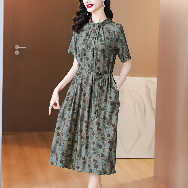 

Summer Women's Silk Printed Dresses Big Polka Dot Lapel Short Sleeve Knee-length Fashion Casual Party Dresses Vestido Feminino