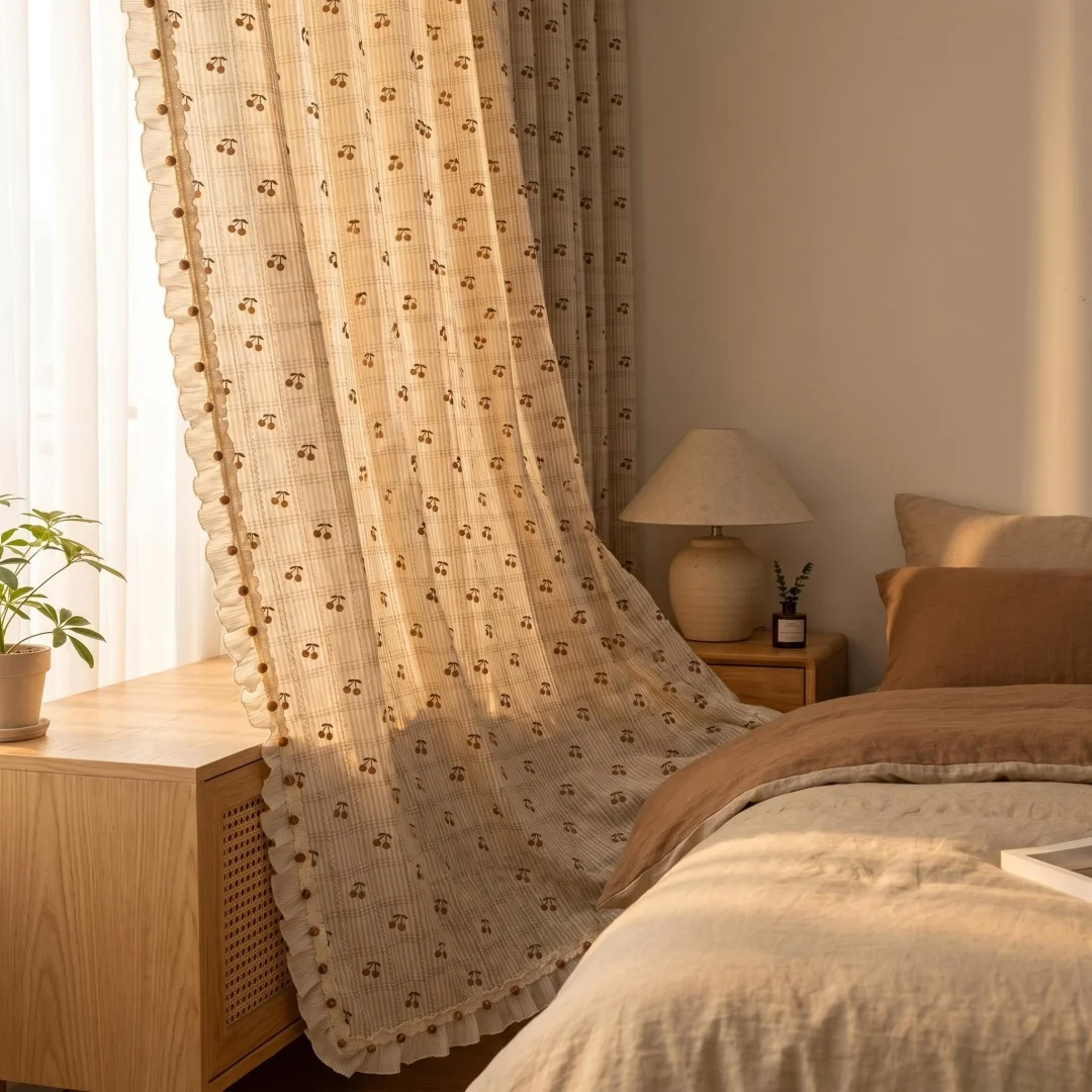 French pastoral cherry floral plaid lace log buckle wood ear curtain cream wind bedroom floor curtain