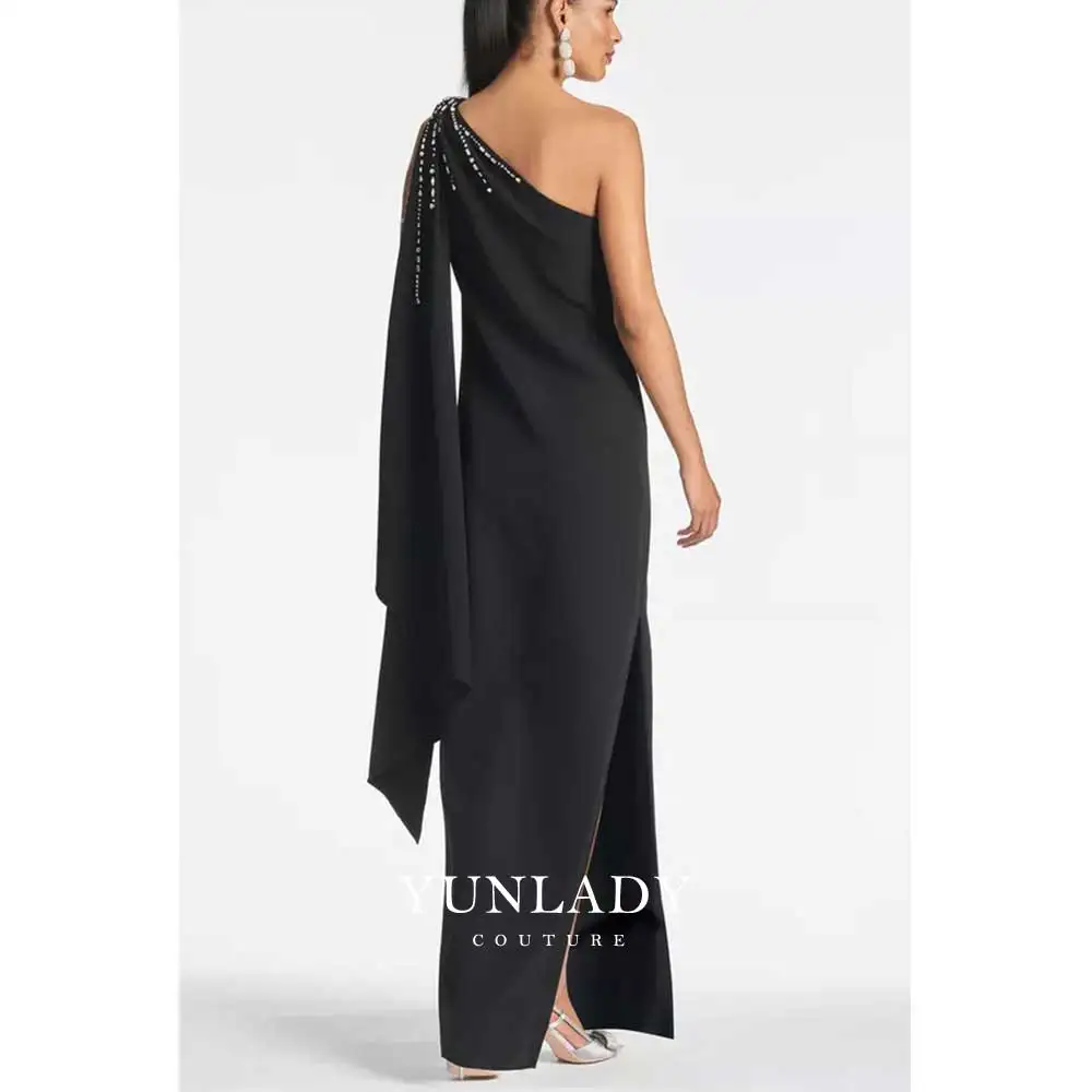 YUNLAN Luxury Dubai One Shoulder Sleeve Beaded Evening Dress 2024 Saudi Black Long Smock Dress New Muslim Wedding Prom Dress