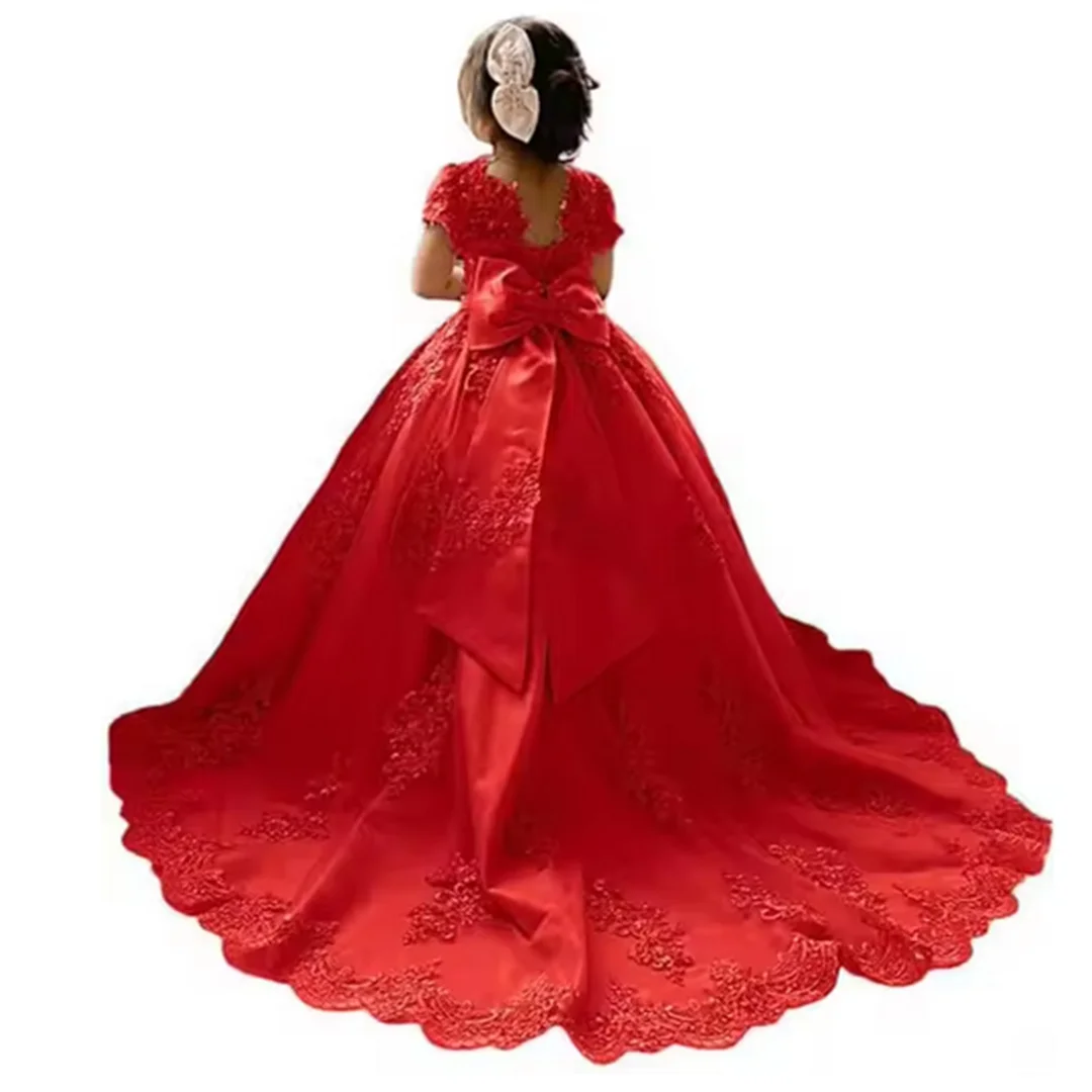 Girls Flower Girl Dress for Wedding Appliques Tulle Pageant Dresses Short Sleeves Girls Ball Gown with Bow princess dress