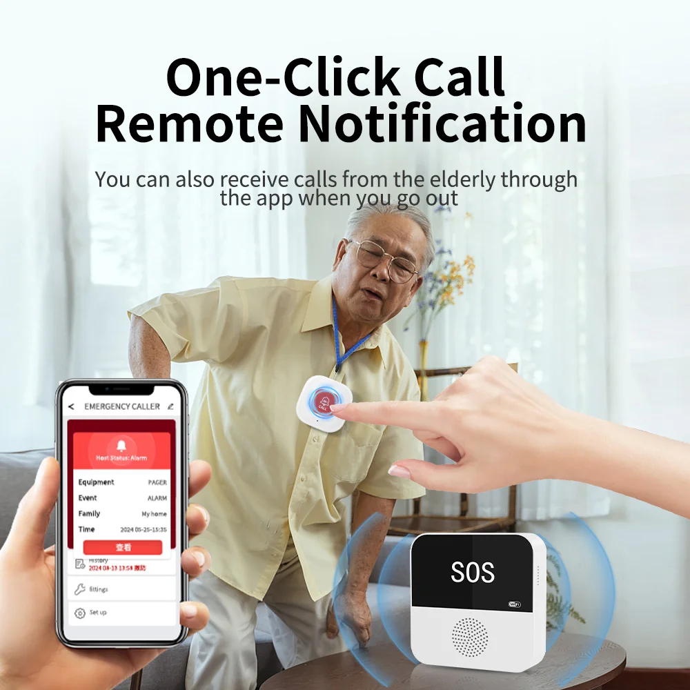 Smart Wireless WiFi Elderly Caregiver Pager SOS Call Button Emergency Medical Alert System for Seniors Patients Elderly At Home