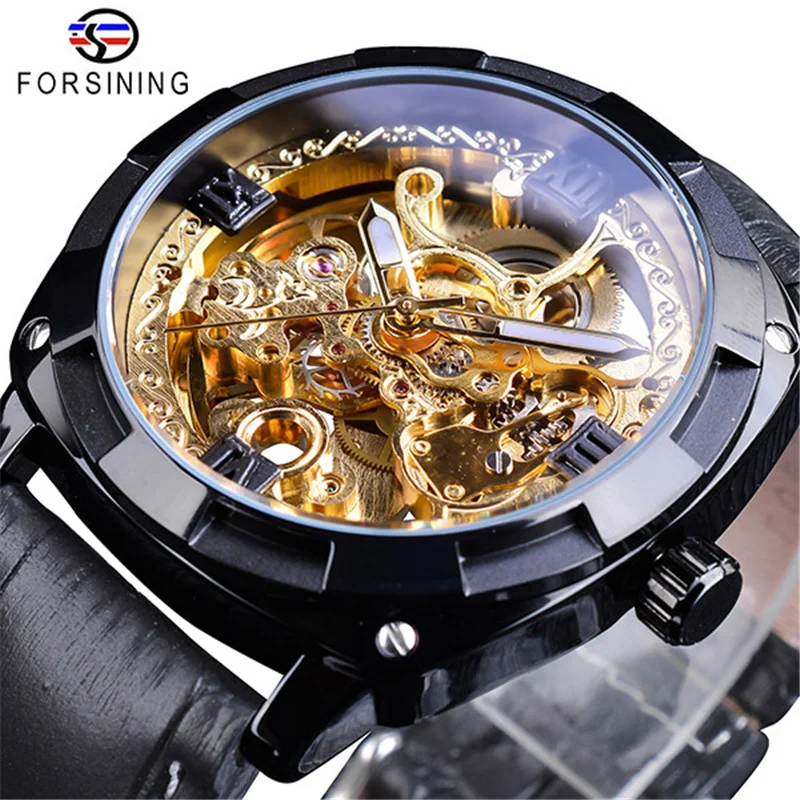 Forsining 207B Mechanical Automatic Vintage Leather Strap Carved Dial Watch Man For Sale Casual Business Men\'s Clock