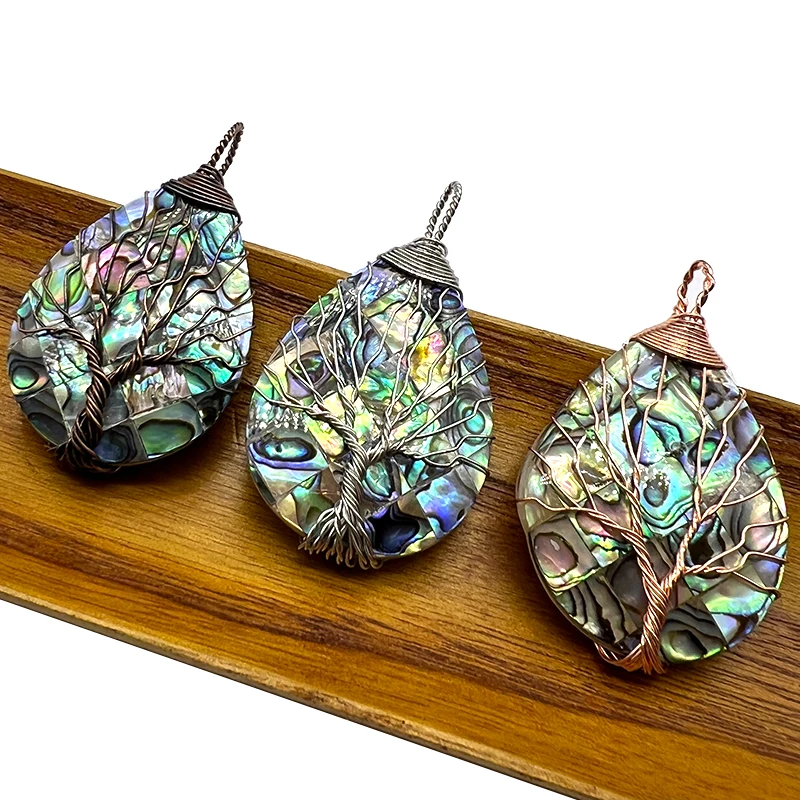 Fashionable Natural Water Drop-shaped Abalone Shell Tree of Life Wire-wrapped Pendant DIY Accessories, Unisex Necklace